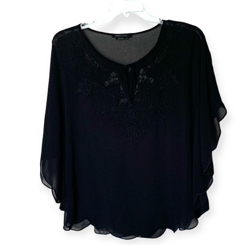 BCBGMaxAzria Black Sheer Overlay Blouse/Top with Tassel Size Medium